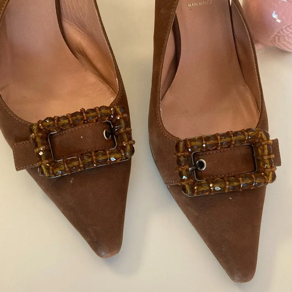 Prada chocolate brown suede beaded buckle slingbacks, sz. 38.5 - Picture 3 of 5